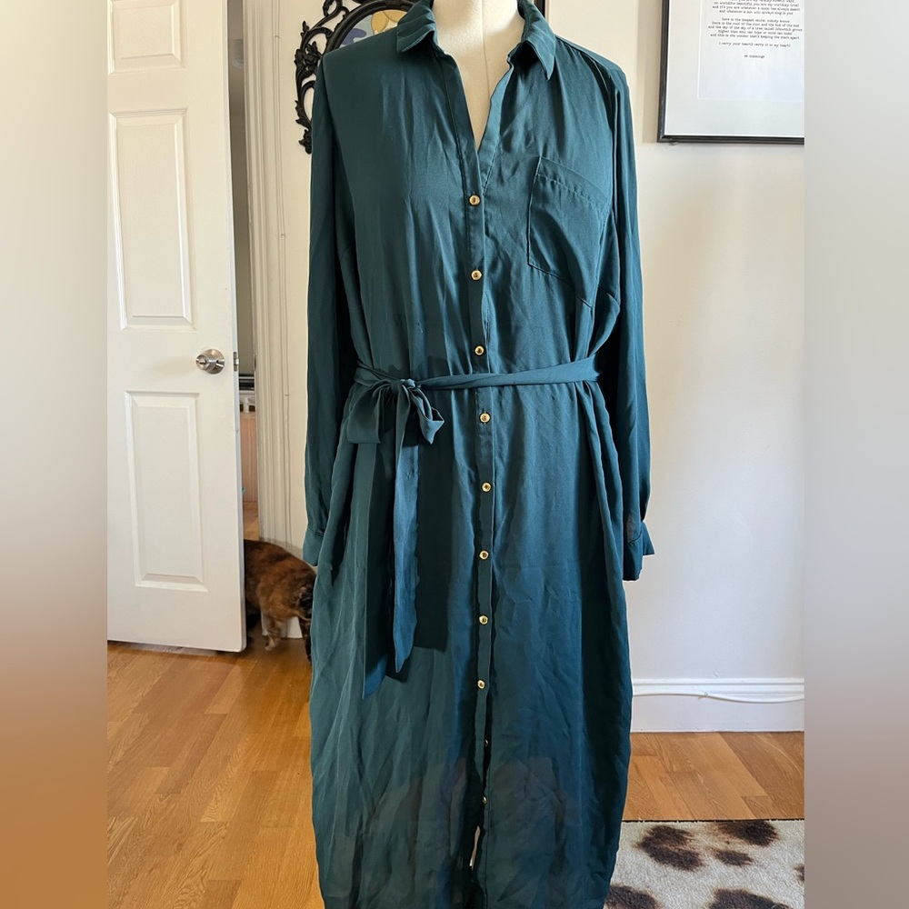 Teal Sheer shirt dress high side slits